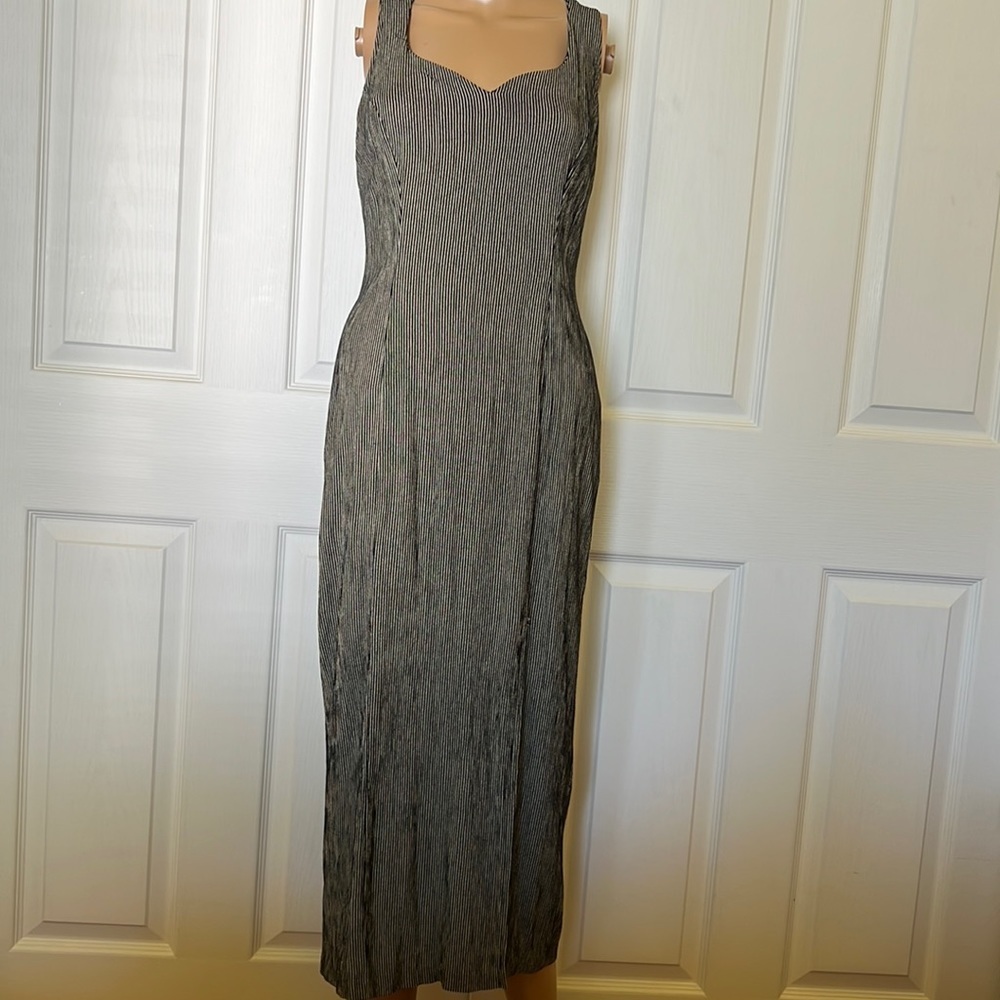 Breakin Loose mid calf pinstripe sundress front kick pleat crisscross back 7/8 - Picture 2 of 5